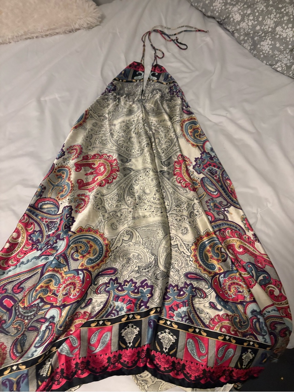 Silky Paisley Halter Maxi Dress in Cream, Pink & Blue